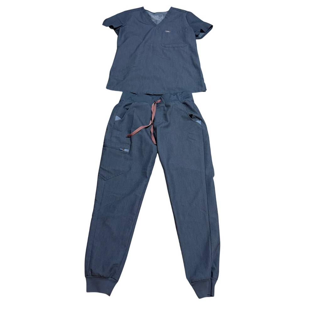 FIGS Heather Denim Scrub Set Catarina Top sz XS Zamora Joggers sz S Nurse Workwr